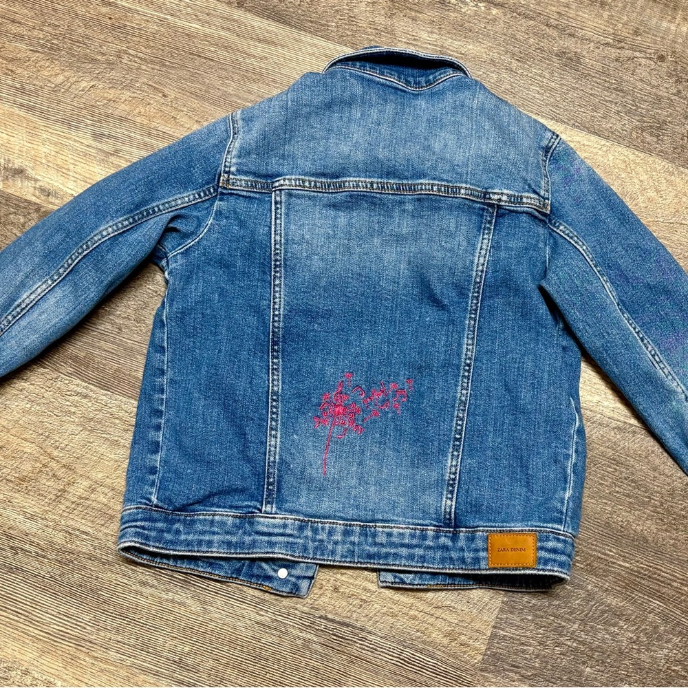 Zara Kids Blue Denim Jacket with Pink Floral Detail With Music Notes